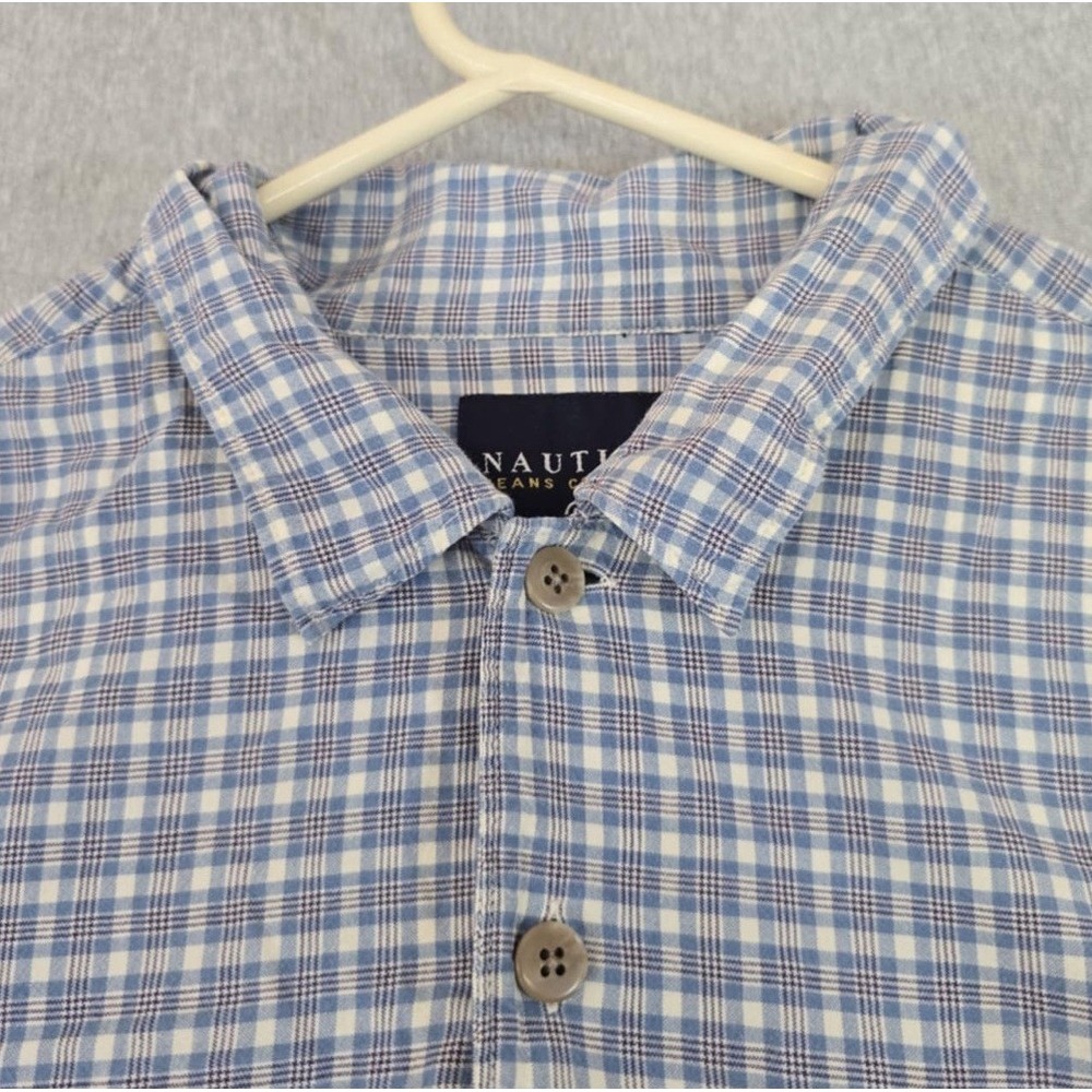 Nautica Jeans Company Plaid Button Up Short Sleeve Shirt Men's Size LG Blue Whit